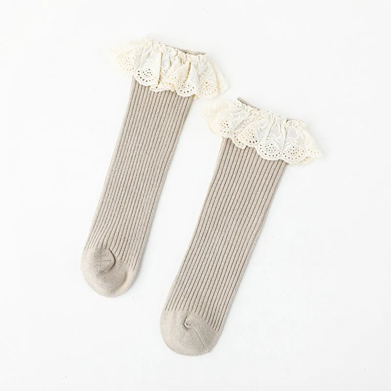 Girls Lace Trim Knee High Socks