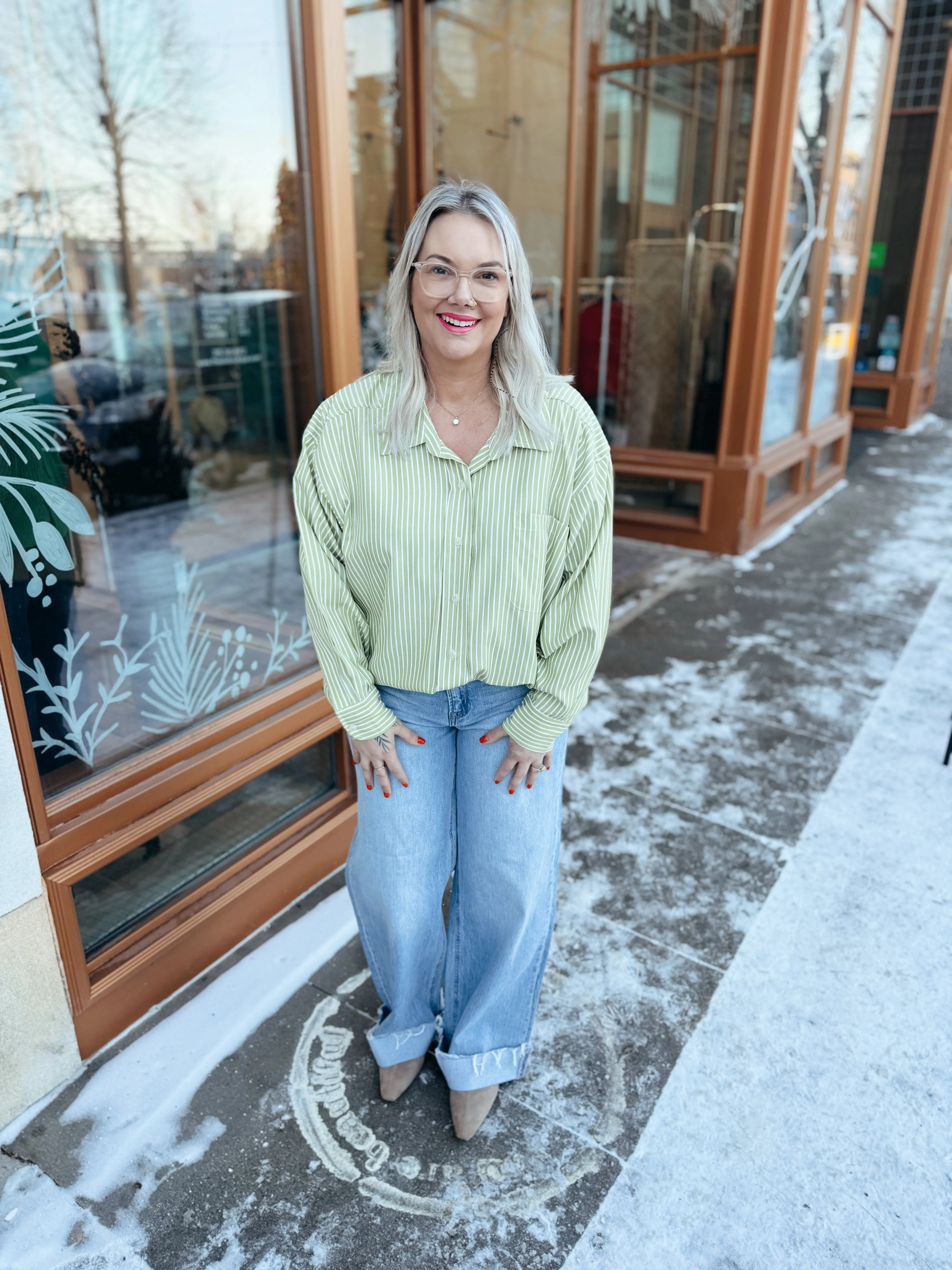 Give Me Classic Striped Button Down Top-Green Tea