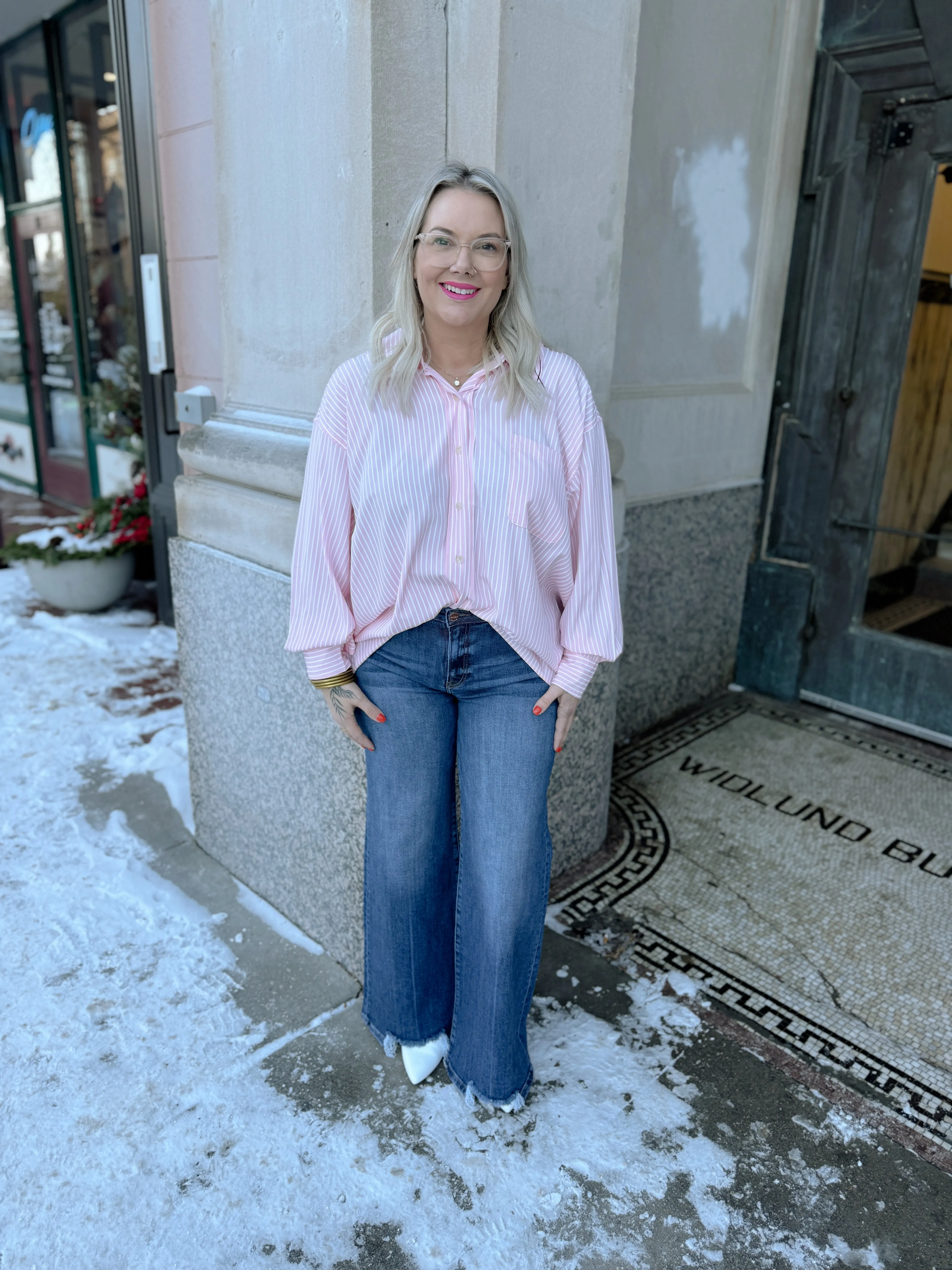 Give Me Classic Striped Button Down Top-Pink Drink