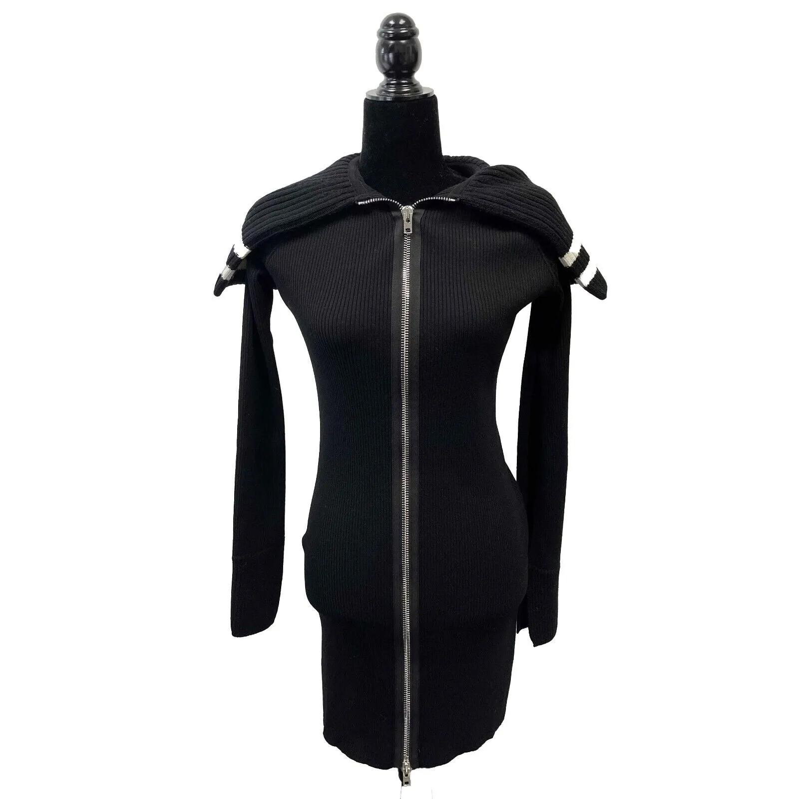 Givenchy - Knit Racer Striped Black Dress Zip Up Large Collar -Black Dress - S