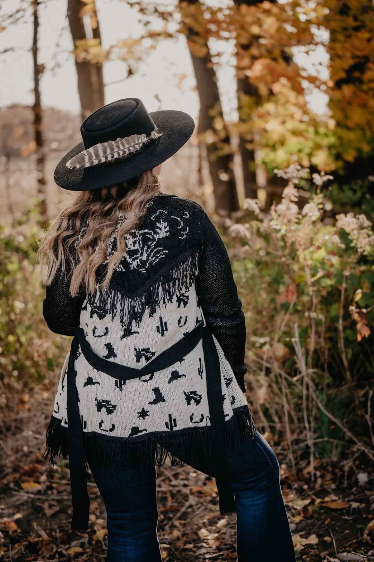 'Glacier' Black and White Rodeo Print Cardigan with Fringe (XS-XL)