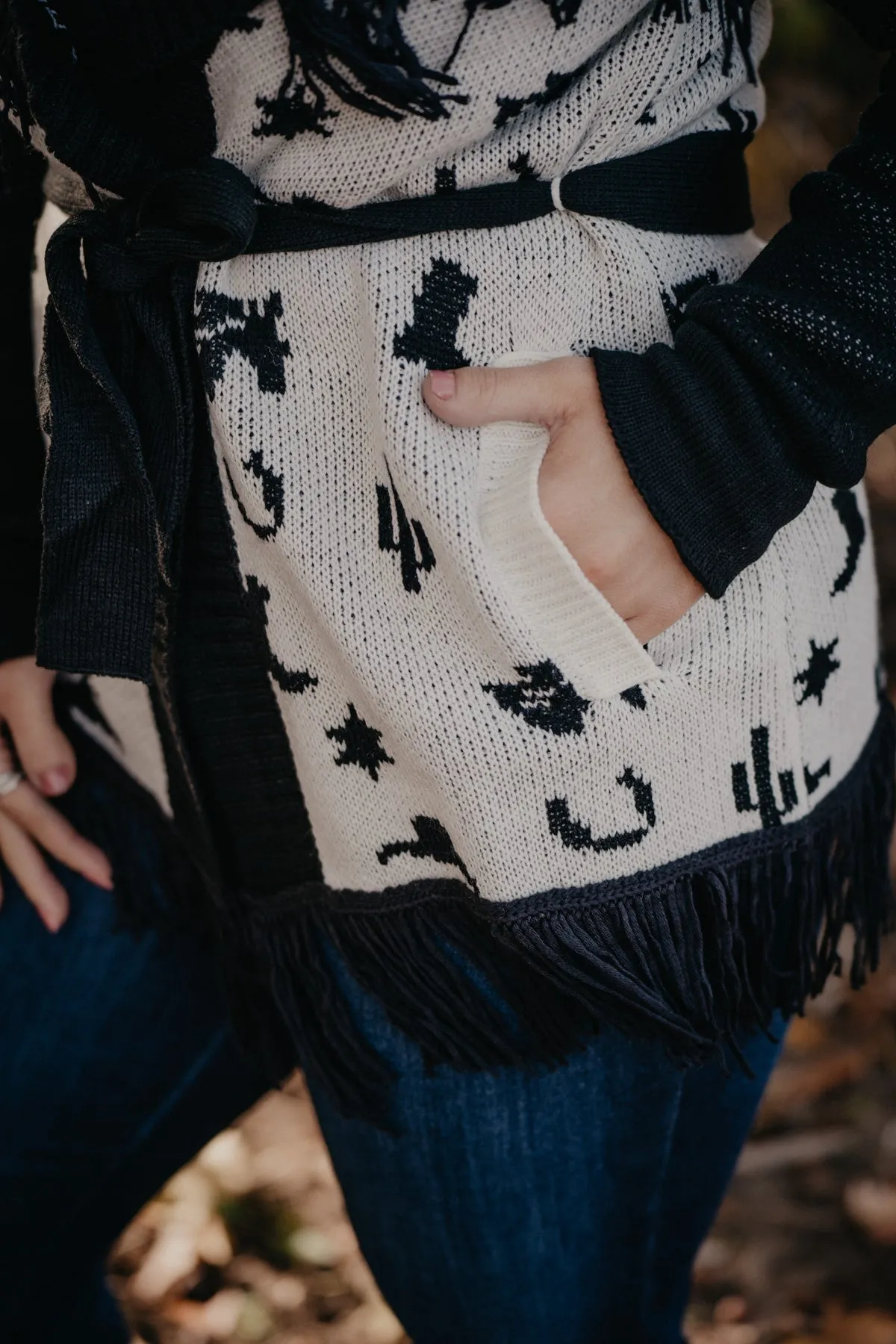 'Glacier' Black and White Rodeo Print Cardigan with Fringe (XS-XL)