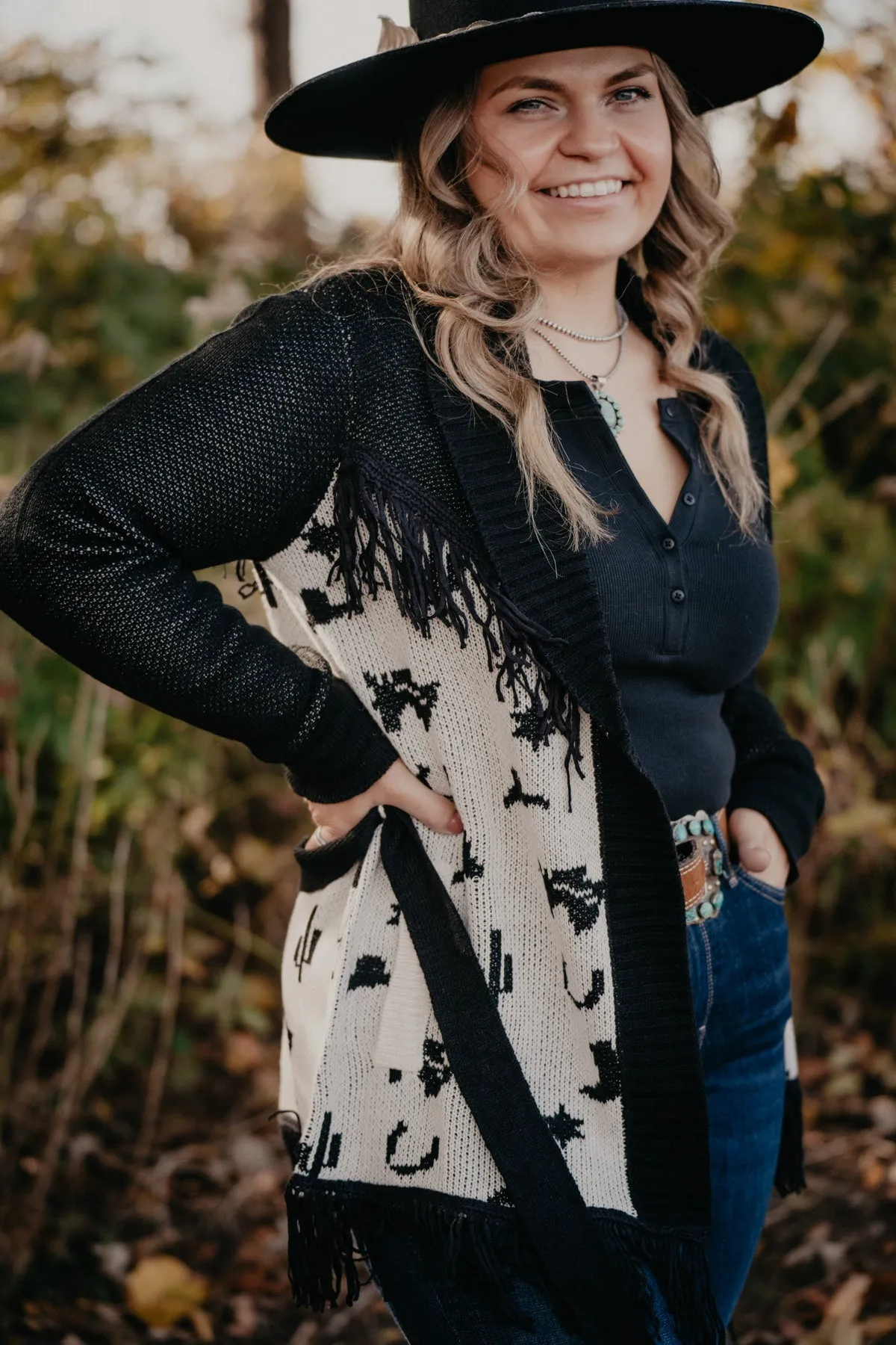'Glacier' Black and White Rodeo Print Cardigan with Fringe (XS-XL)
