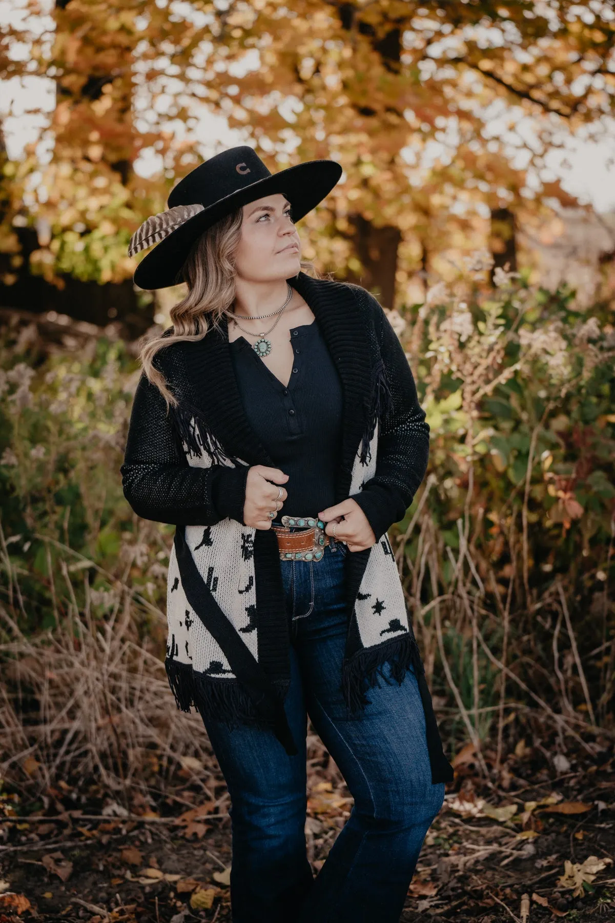 'Glacier' Black and White Rodeo Print Cardigan with Fringe (XS-XL)