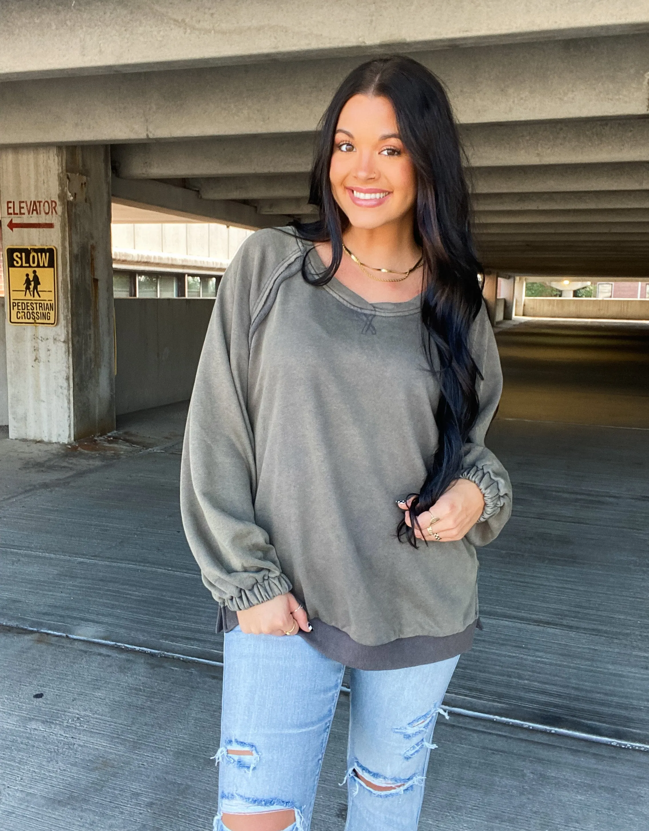 GO YOUR OWN WAY OVERSIZED CREWNECK-OLIVE GREY