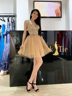 Golden Sweetheart Neck Tulle Short Prom Dress, Gold Sweetheart Neck Tulle Short Graduation Homecoming Dress