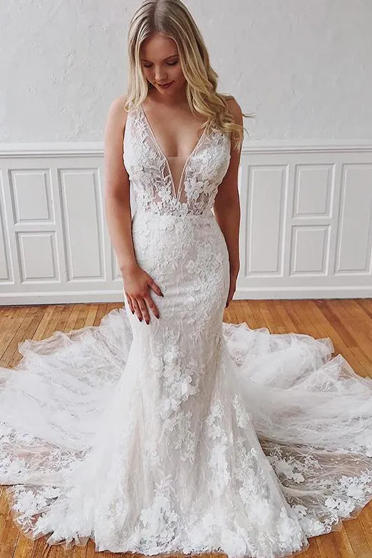 Gorgeous Mermaid Sleeveless Detachable Train White Wedding Dresses with Appliques OHD102