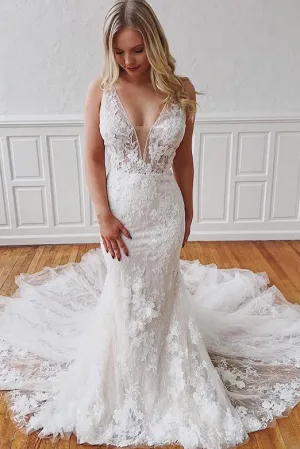 Gorgeous Mermaid Sleeveless Detachable Train White Wedding Dresses with Appliques OHD102