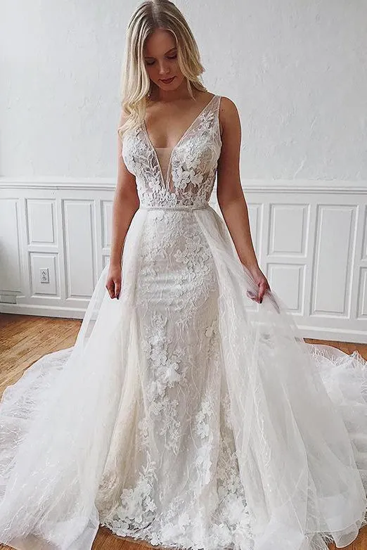 Gorgeous Mermaid Sleeveless Detachable Train White Wedding Dresses with Appliques OHD102