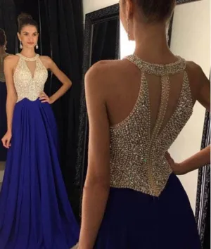 Gorgeous Round Neck Beaded Blue Prom Dresses, Blue Formal Dresses