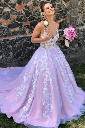 Gorgeous V Neck Backless White Lace Floral Lilac Long Prom Dress, Lilac Lace Formal Evening Dress, Lilac Floral Wedding Dress