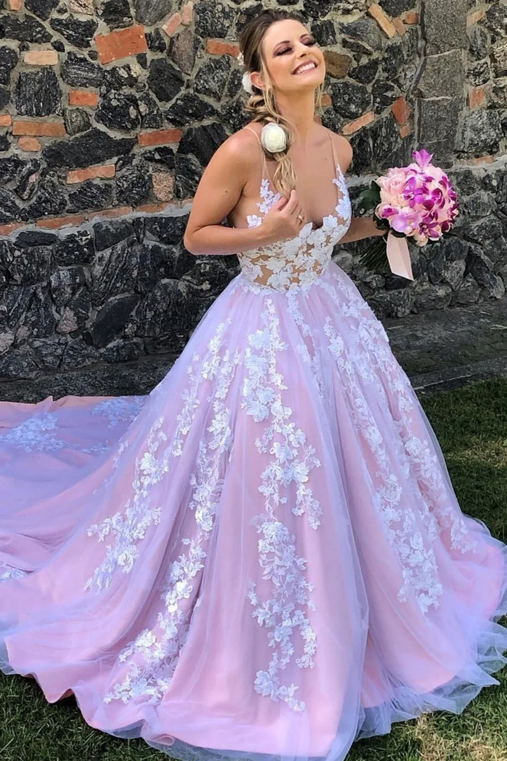 Gorgeous V Neck Backless White Lace Floral Lilac Long Prom Dress, Lilac Lace Formal Evening Dress, Lilac Floral Wedding Dress