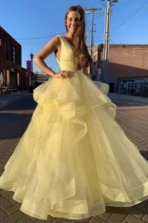 Gorgeous V Neck Sequins Yellow Long Prom Dress, Shiny Yellow Formal Evening Dress, Fluffy Ball Gown