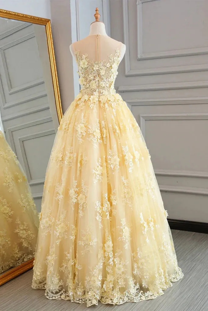 Gorgeous Yellow Lace Long Prom Dresses, Yellow Lace Formal Evening Dresses