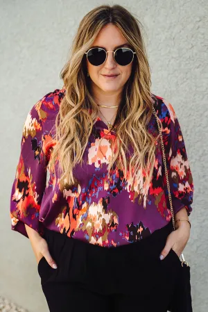 Graffiti Printed V Neck Puff Sleeve Blouse