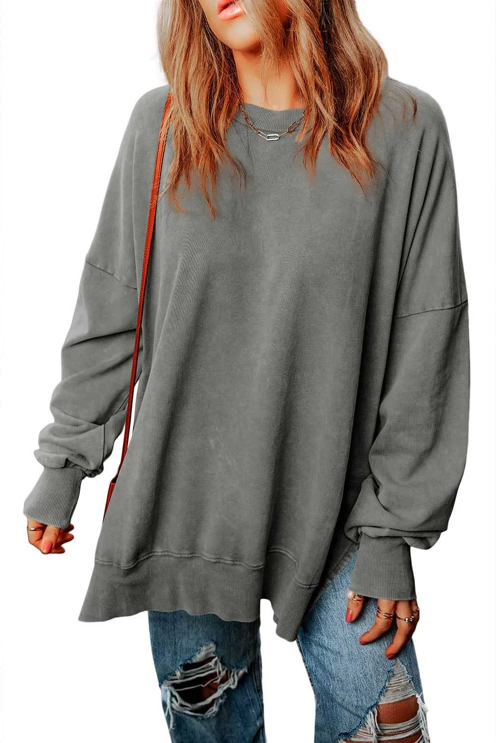 Gray Drop Shoulder Ribbed Trim Oversized Sweatshirt