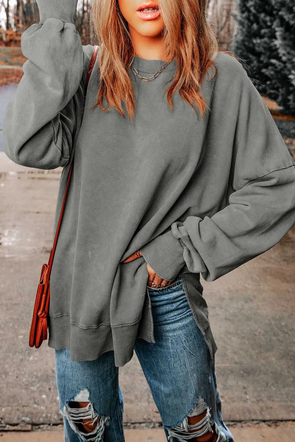 Gray Drop Shoulder Ribbed Trim Oversized Sweatshirt