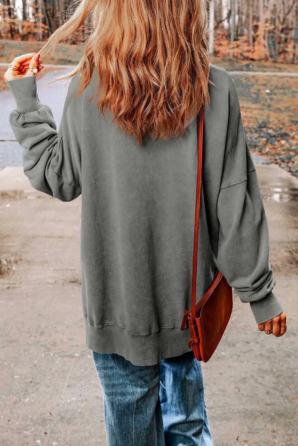 Gray Drop Shoulder Ribbed Trim Oversized Sweatshirt
