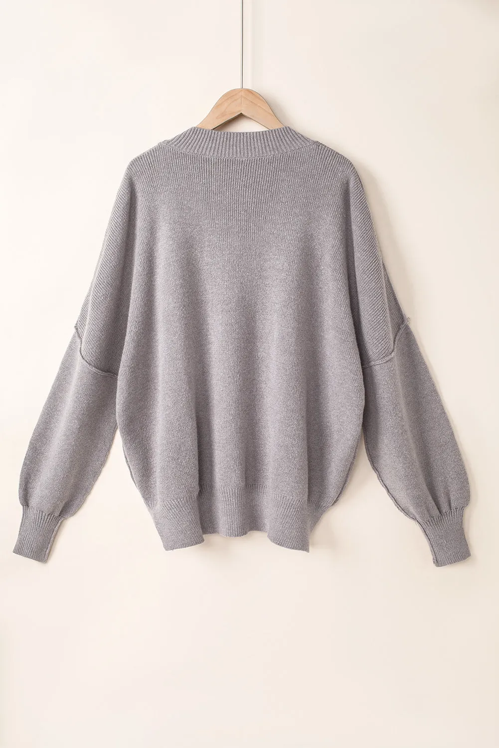 Gray Oversized Drop Shoulder Bubble Sleeve Pullover Sweater