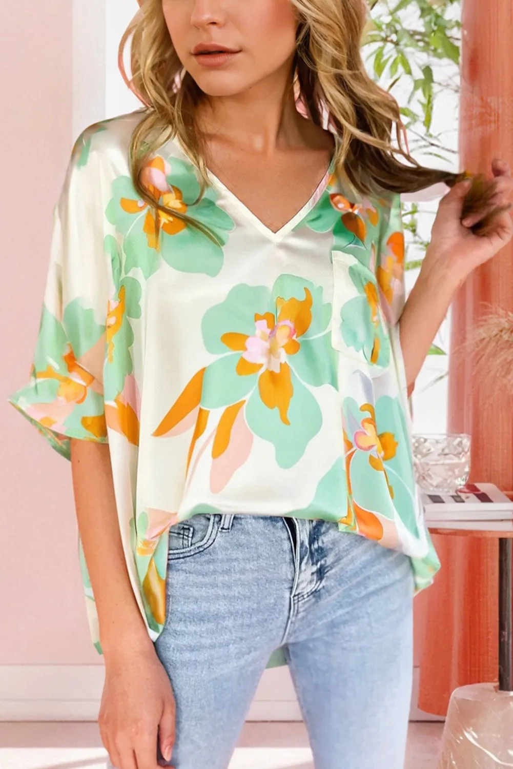 Green Floral Print Loose Fit V Neck Half Sleeve Blouse