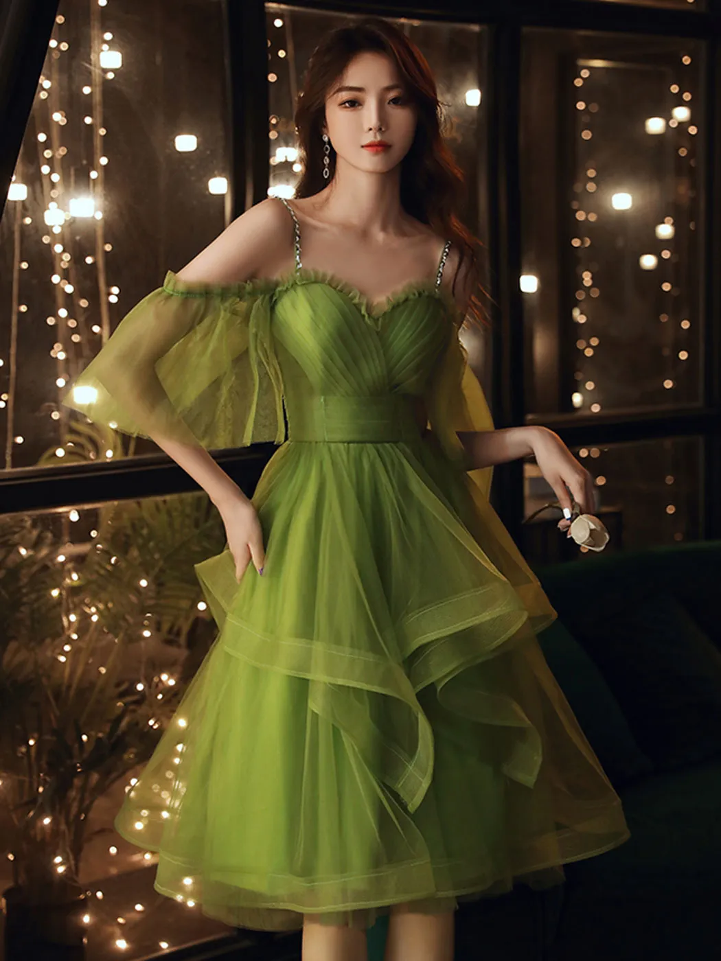 Green sweetheart neck tulle short prom dress green homecoming dress