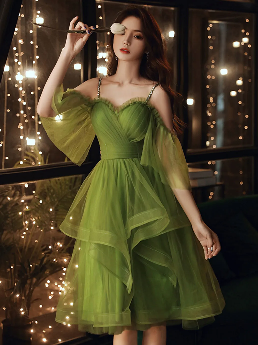Green sweetheart neck tulle short prom dress green homecoming dress