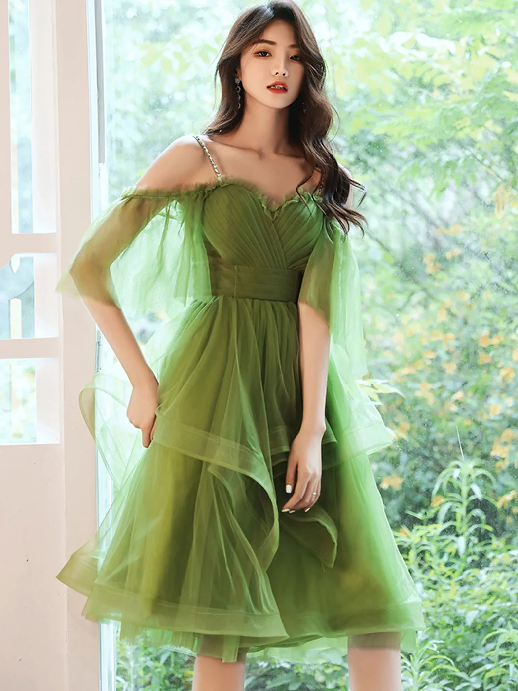 Green sweetheart neck tulle short prom dress green homecoming dress