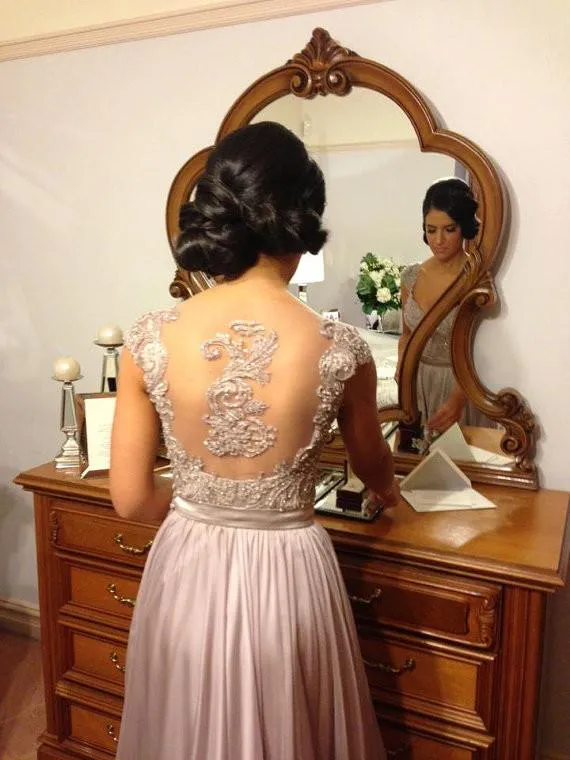 Grey Long Lace Prom Dresses, Grey Bridesmaid Dresses, Wedding Party Dresses, Formal Dresses
