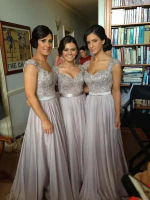 Grey Long Lace Prom Dresses, Grey Bridesmaid Dresses, Wedding Party Dresses, Formal Dresses