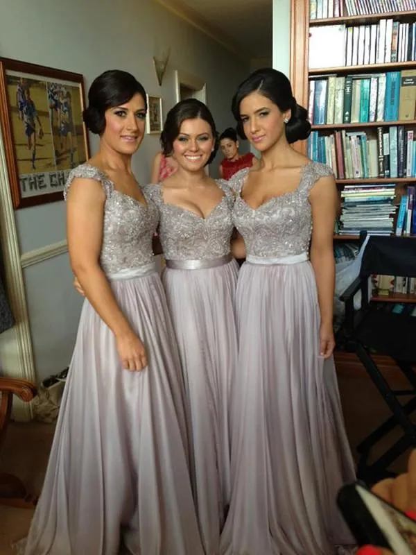 Grey Long Lace Prom Dresses, Grey Bridesmaid Dresses, Wedding Party Dresses, Formal Dresses