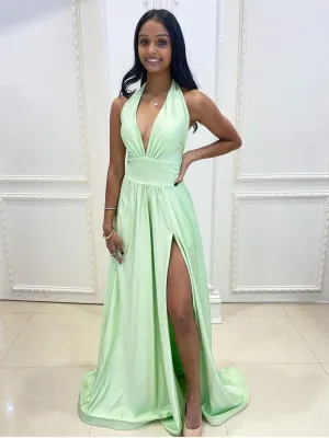 Halter V Neck Backless Sage Long Prom Dresses with High Slit, Backless Sage Bridesmaid Dresses, Sage Formal Graduation Evening Dresses