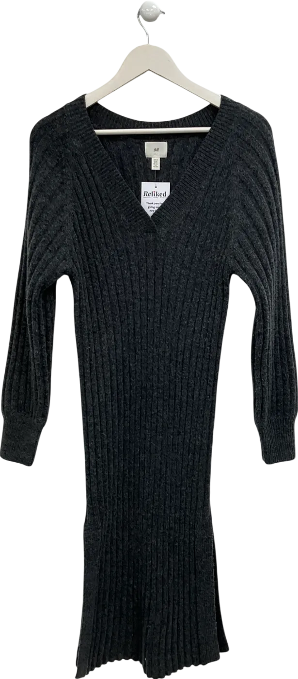 H&M Grey Ribbed V Neck Knitted Dress UK XS