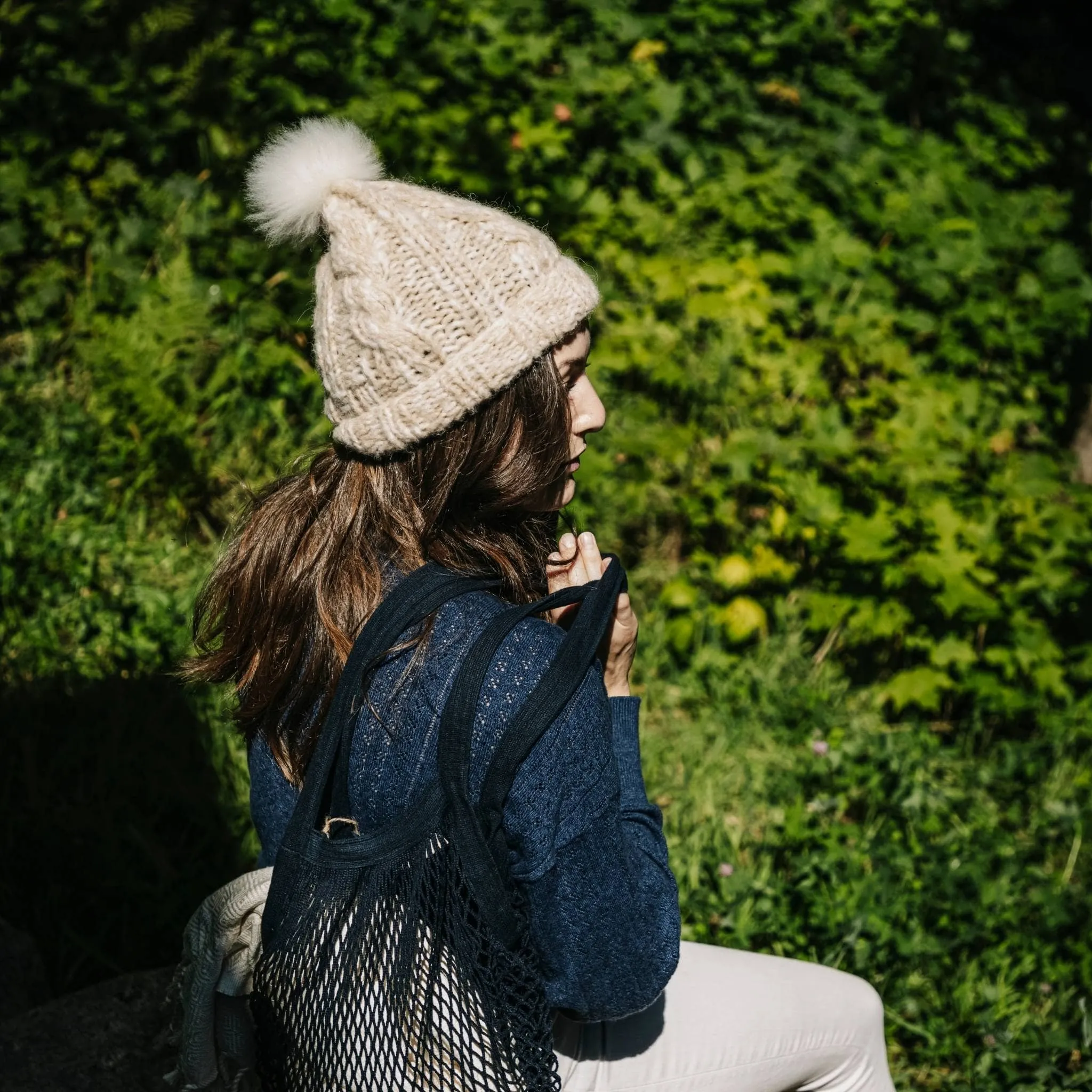 Hand-Knit Alpaca Pom Pom Hat