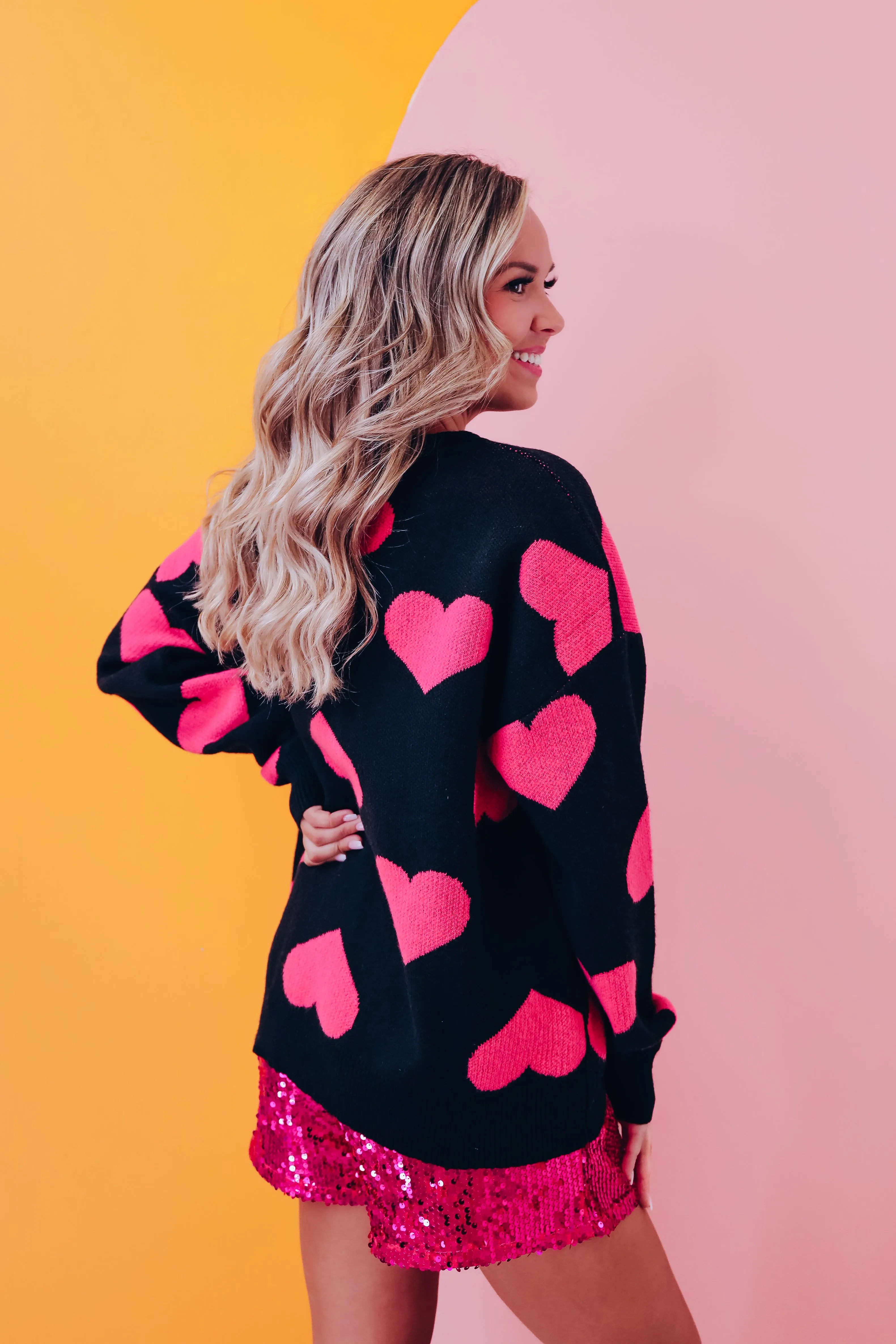 Harmony Heart Print Sweater - Black/Pink