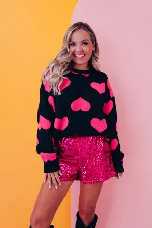 Harmony Heart Print Sweater - Black/Pink