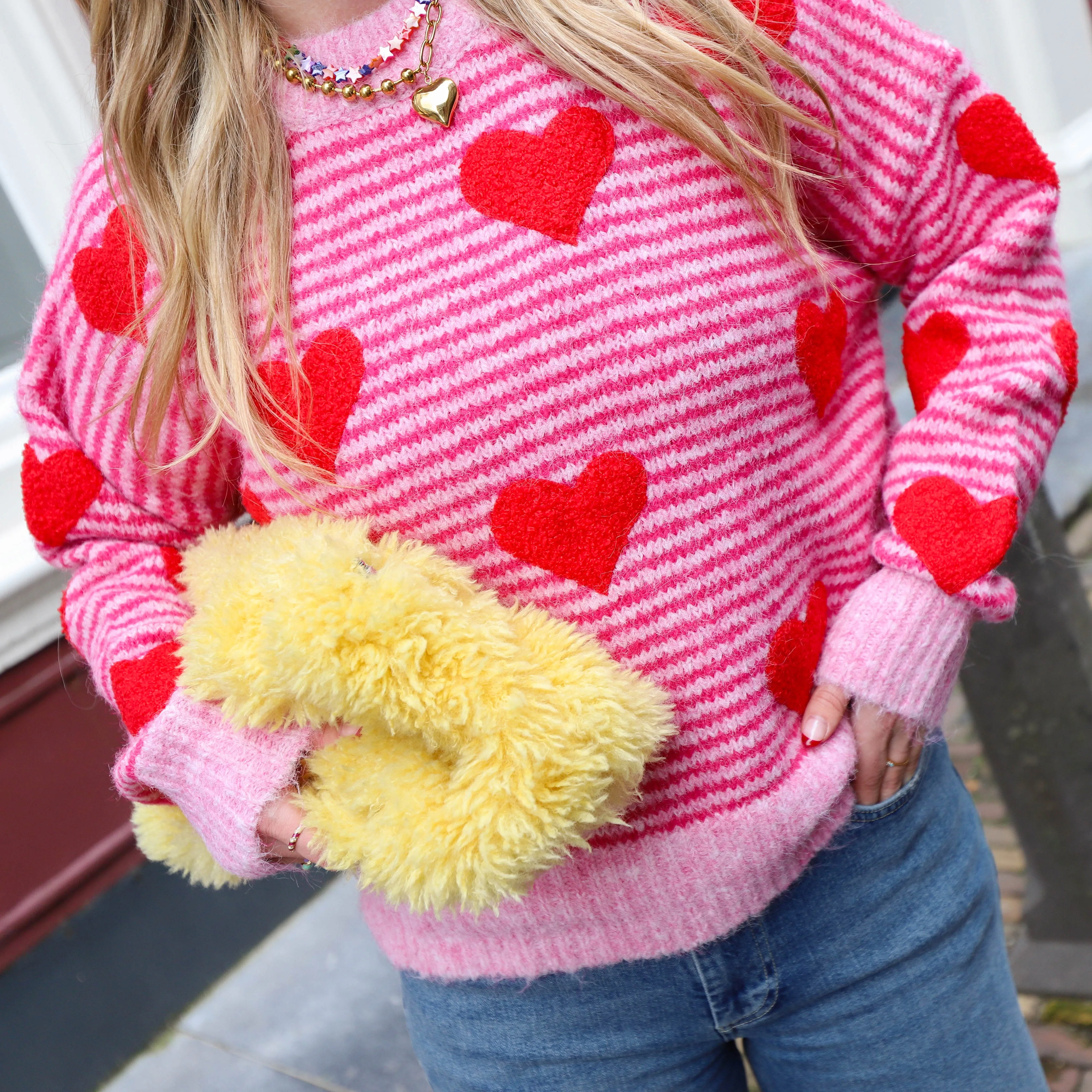Hartjes streep trui roze