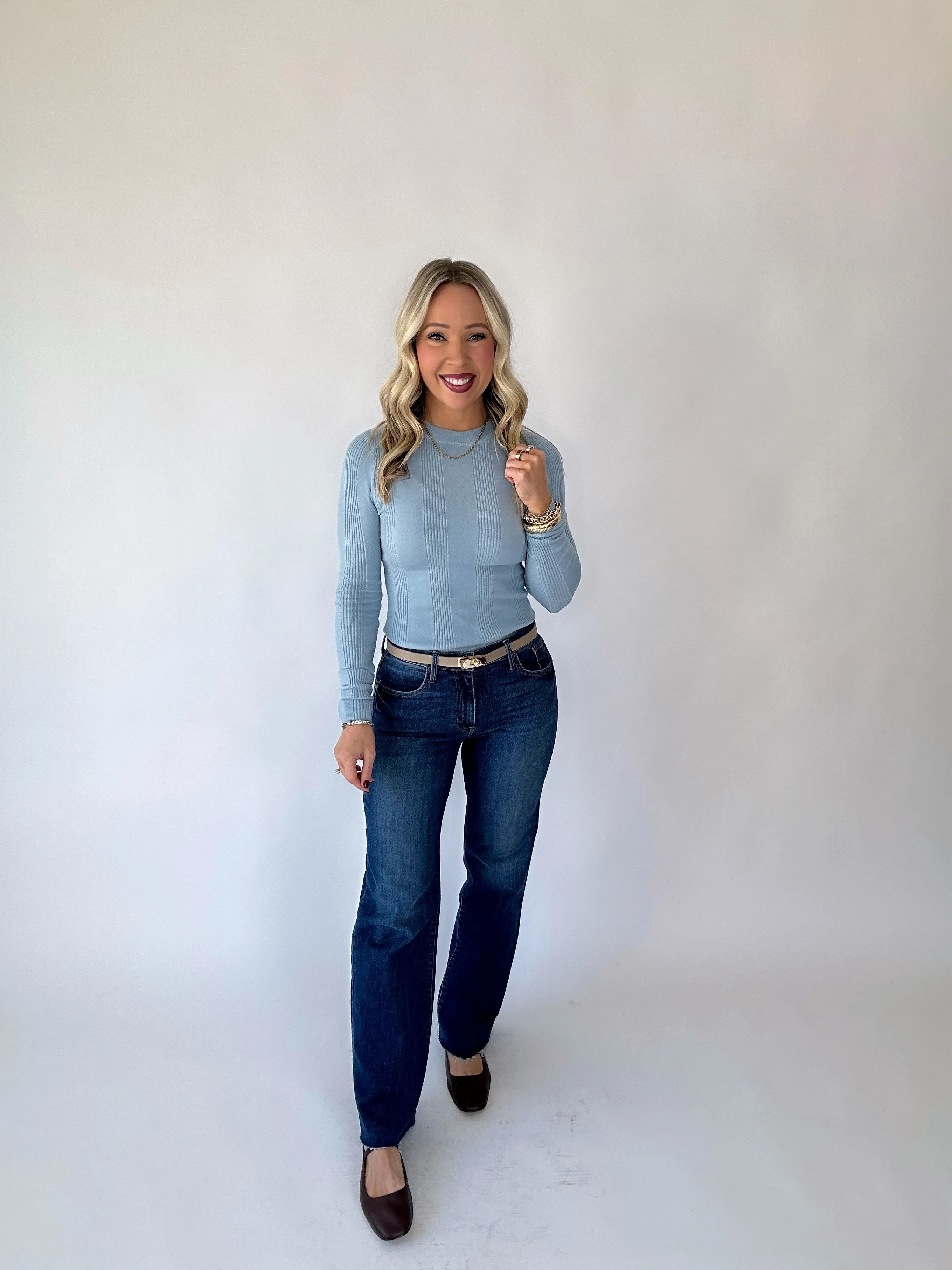Have Your Fun Ribbed Long Sleeve Top - Light Blue