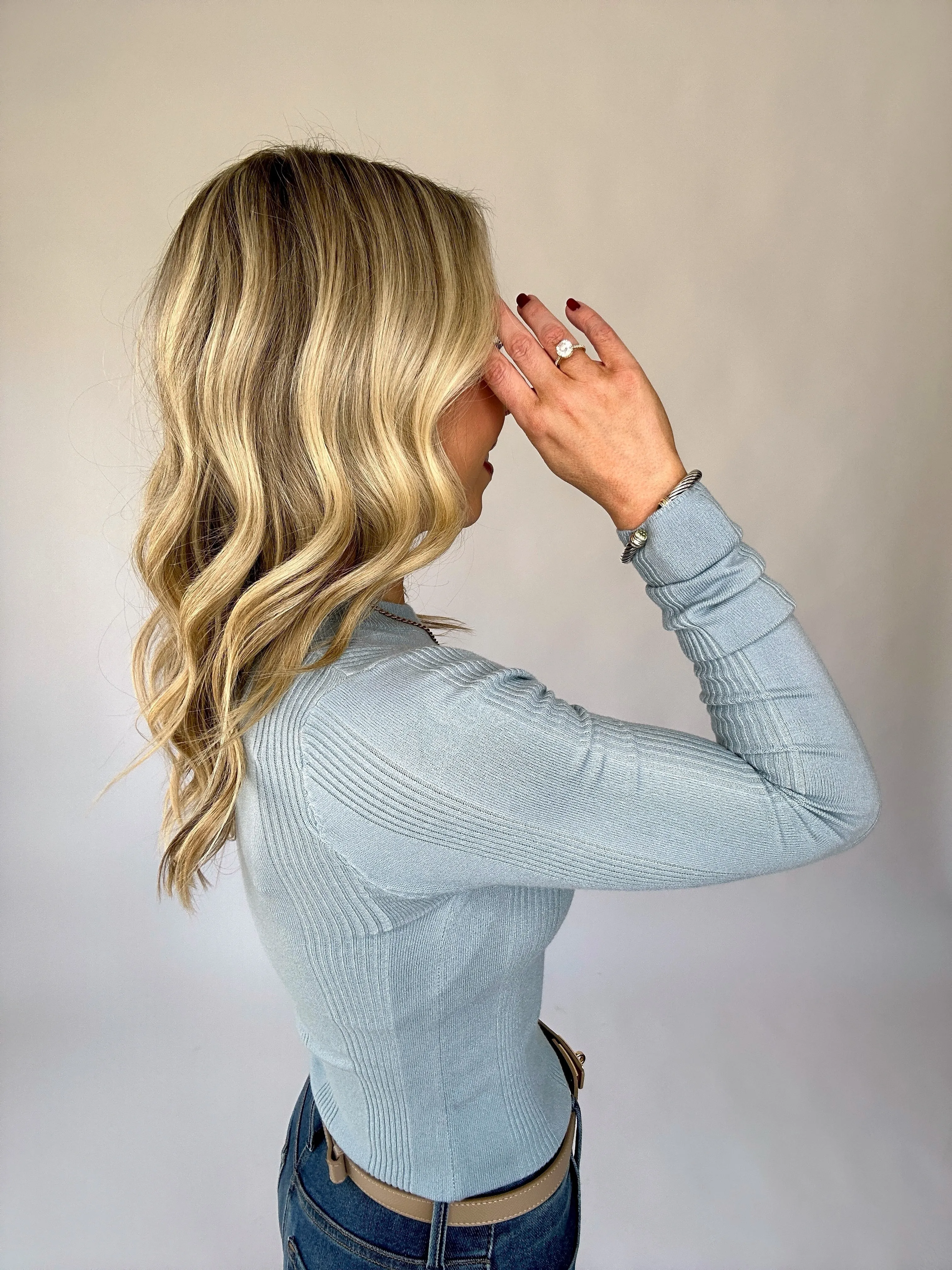 Have Your Fun Ribbed Long Sleeve Top - Light Blue