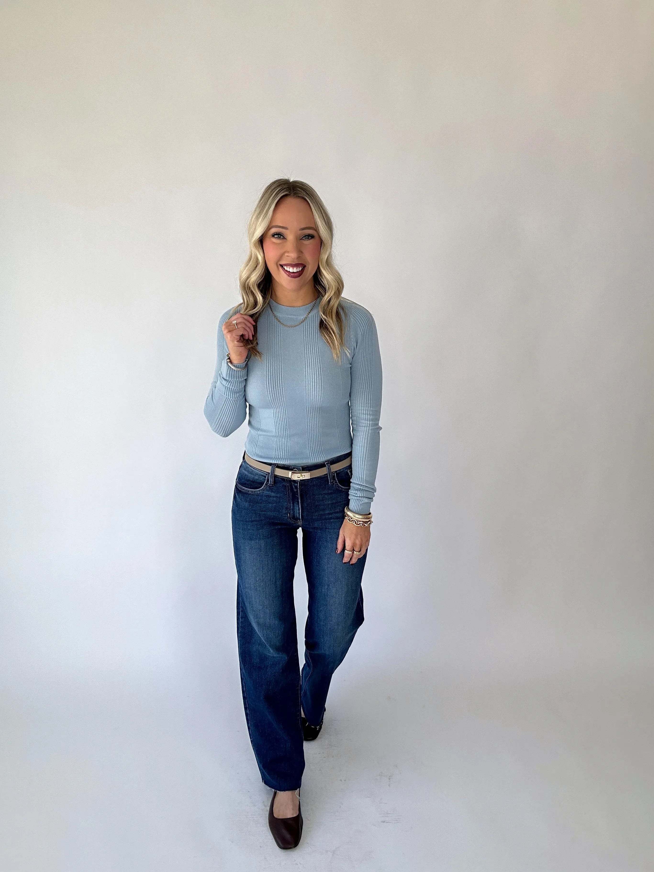 Have Your Fun Ribbed Long Sleeve Top - Light Blue