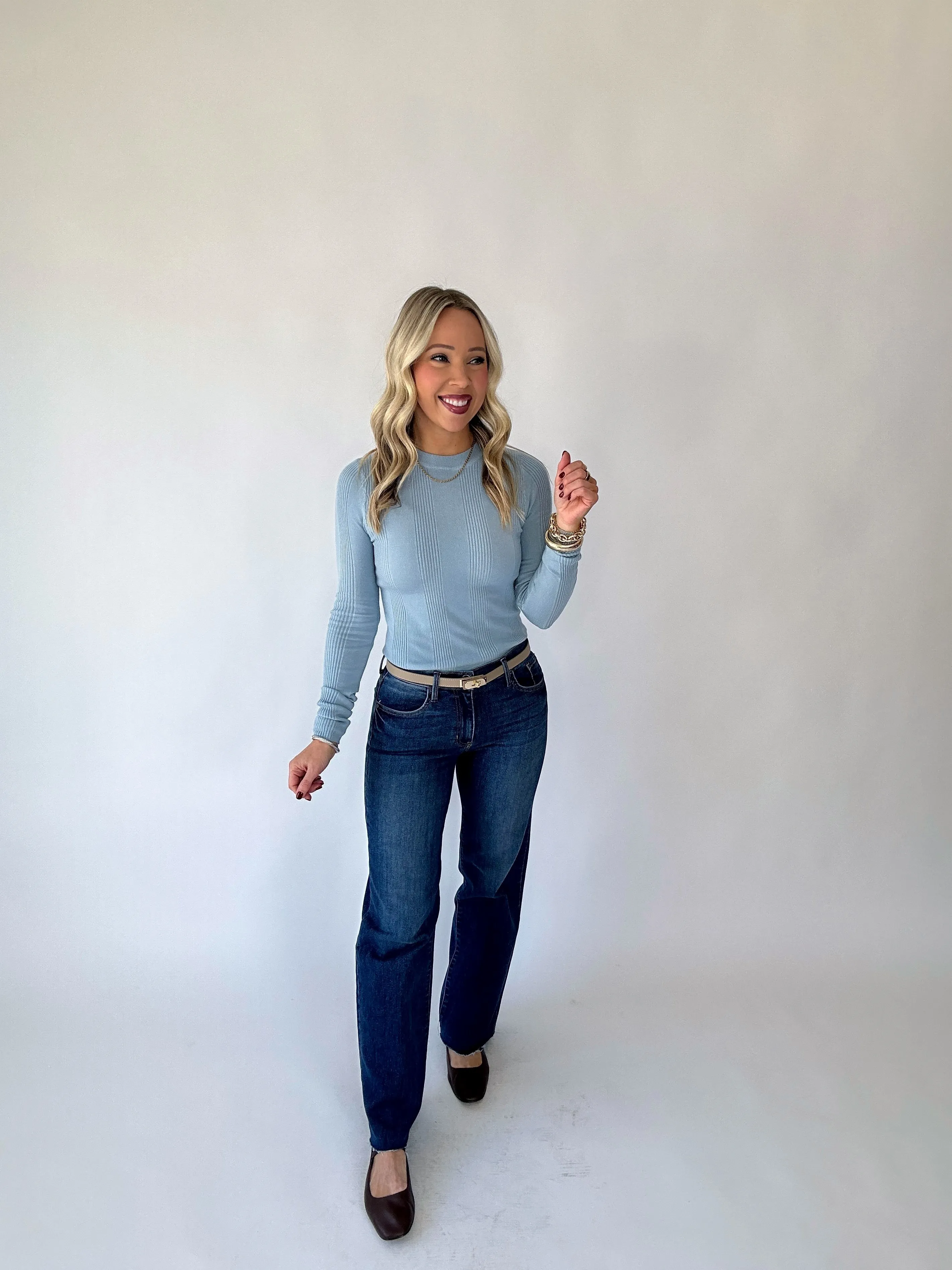 Have Your Fun Ribbed Long Sleeve Top - Light Blue