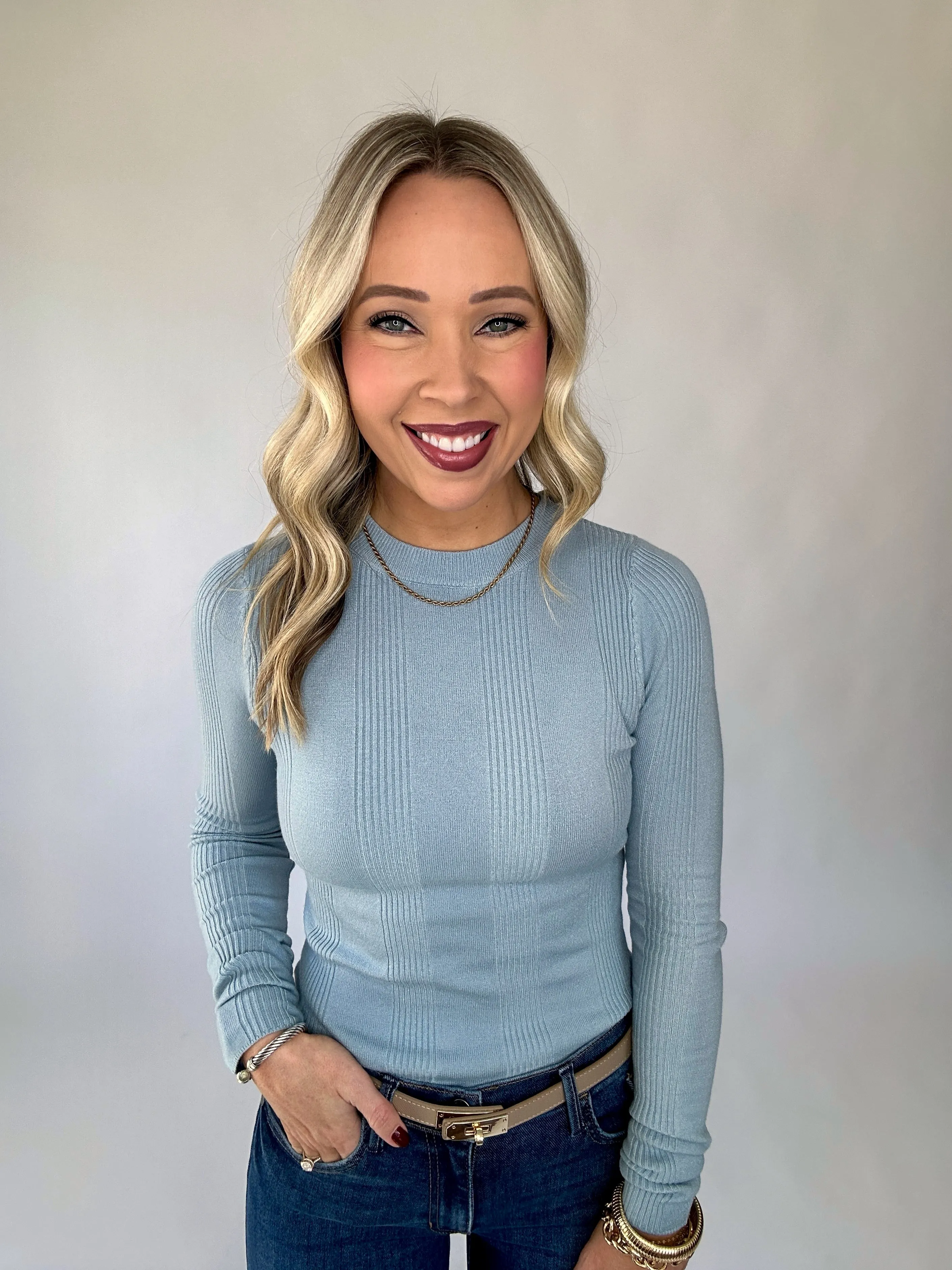 Have Your Fun Ribbed Long Sleeve Top - Light Blue