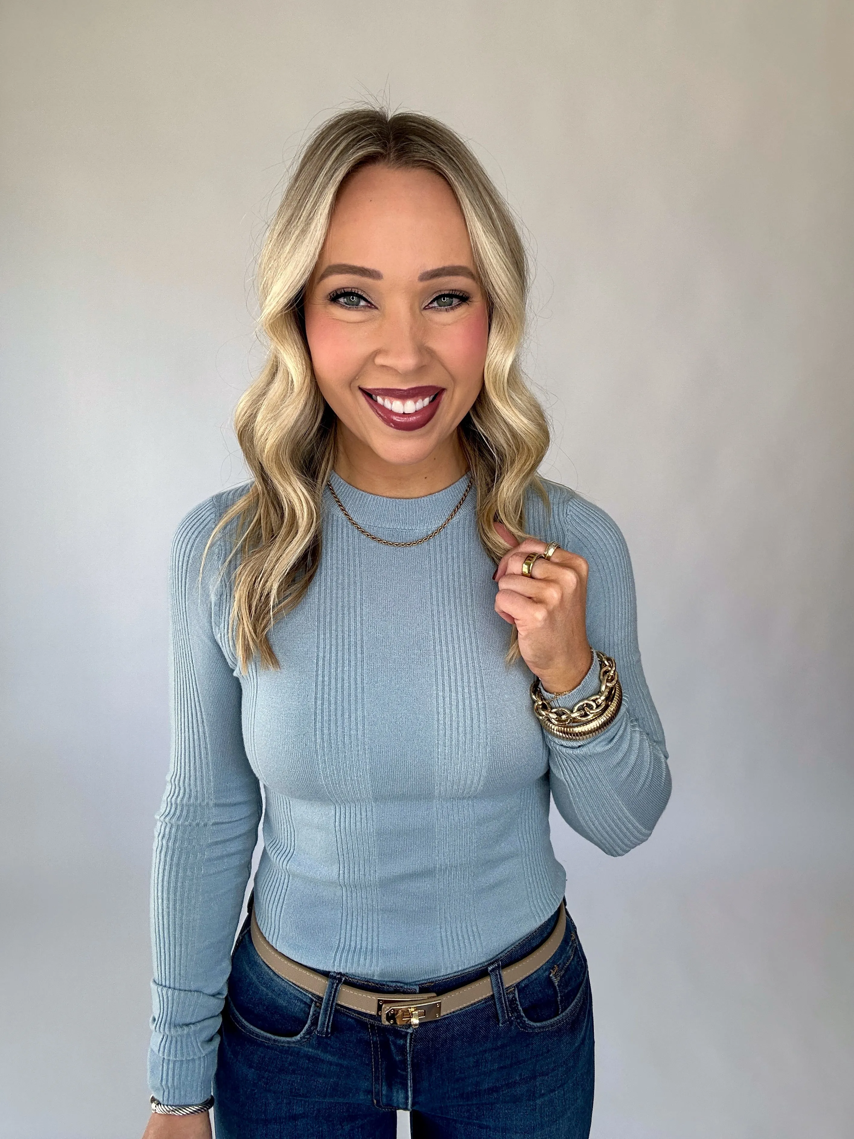 Have Your Fun Ribbed Long Sleeve Top - Light Blue