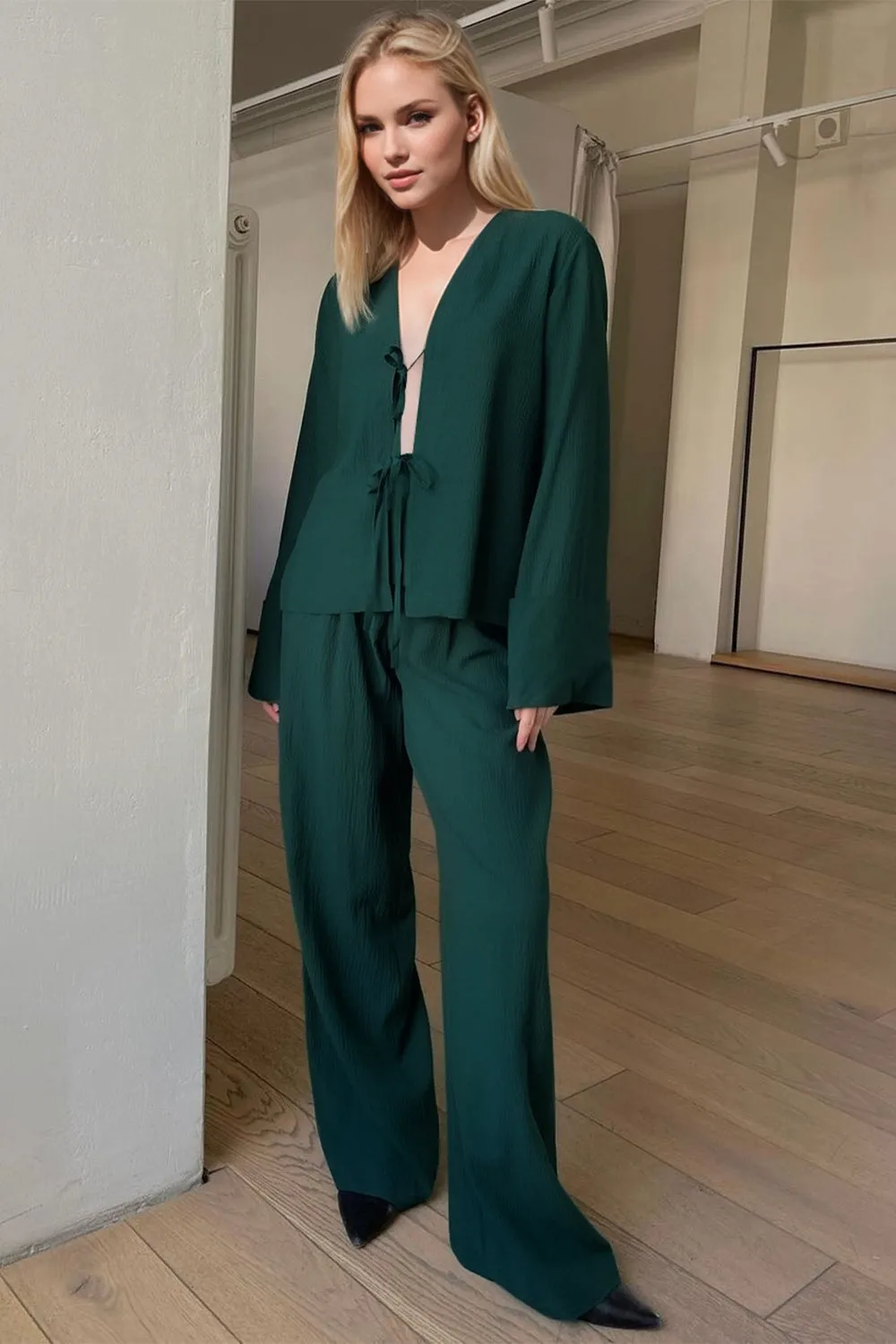 Hazel Blues® |  Basic Bae Breathable Double Tie Long Sleeve Top and Pants Set