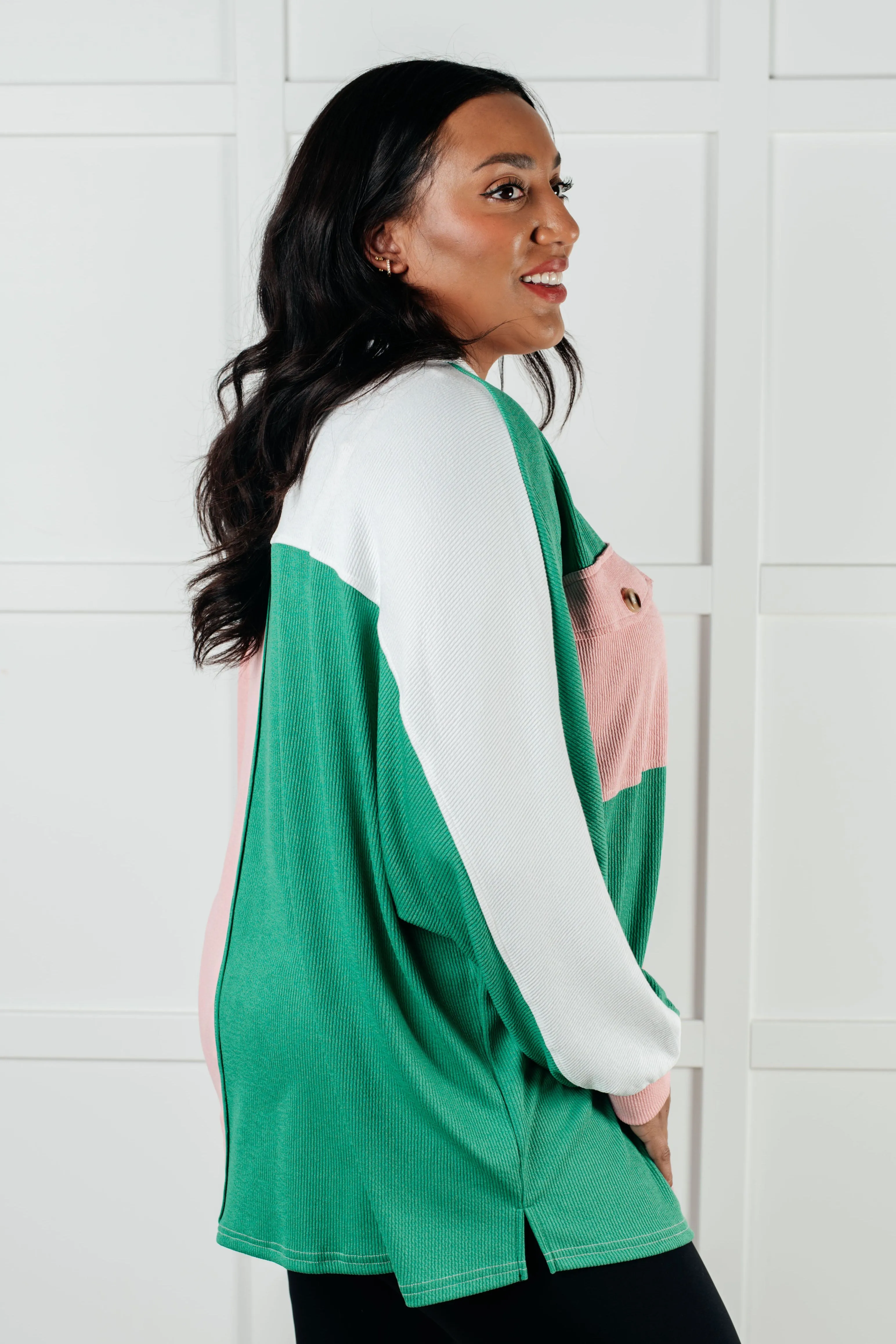 Hazel Blues® |  Chip Off the Old Colorblock V-Neck Henley in Green