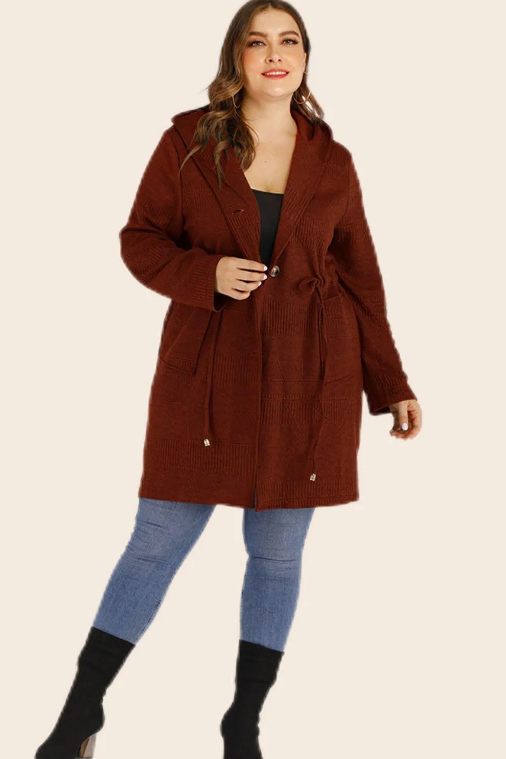 Hazel Blues® | Drawstring Waist Hooded Cardigan with Pockets