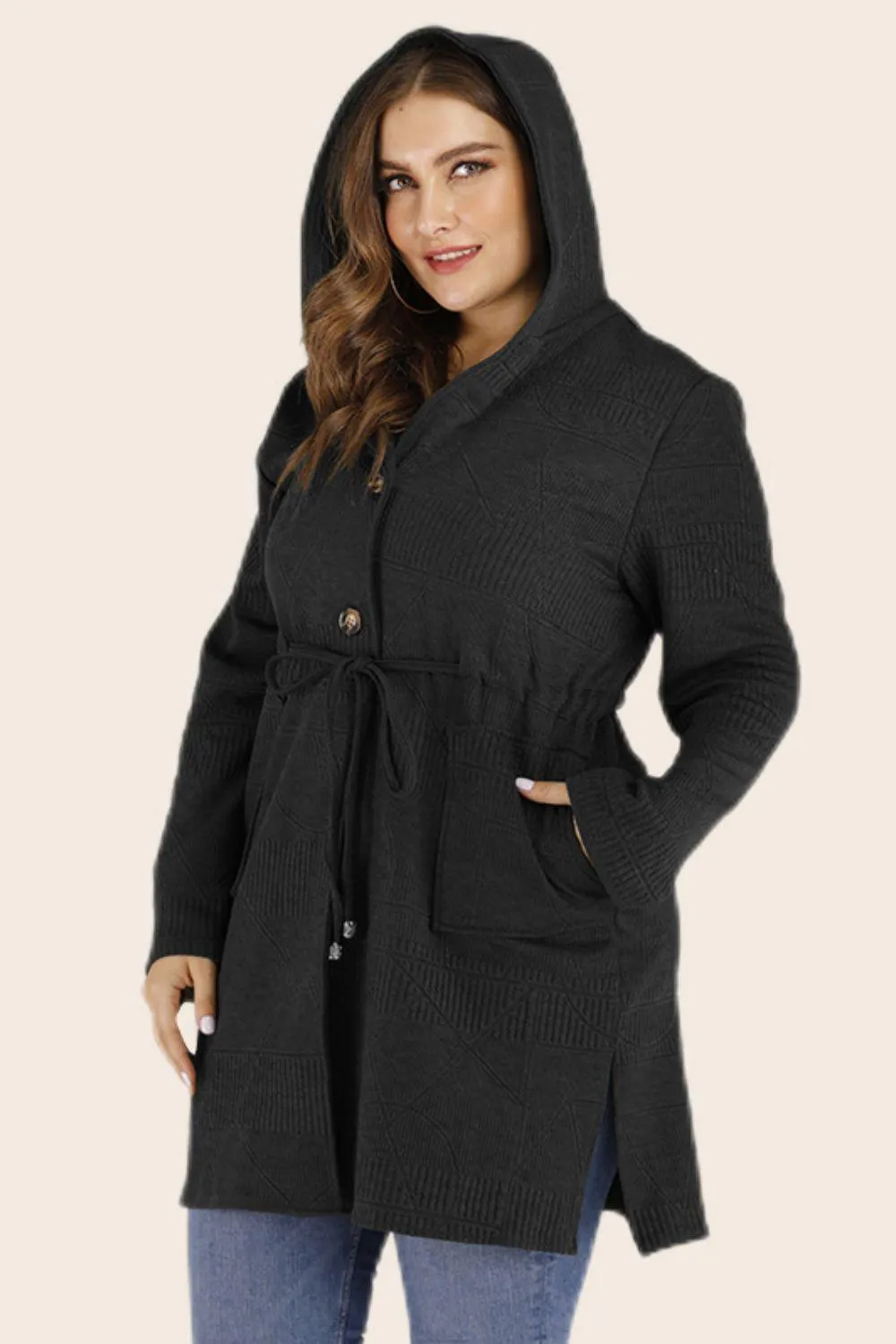 Hazel Blues® | Drawstring Waist Hooded Cardigan with Pockets