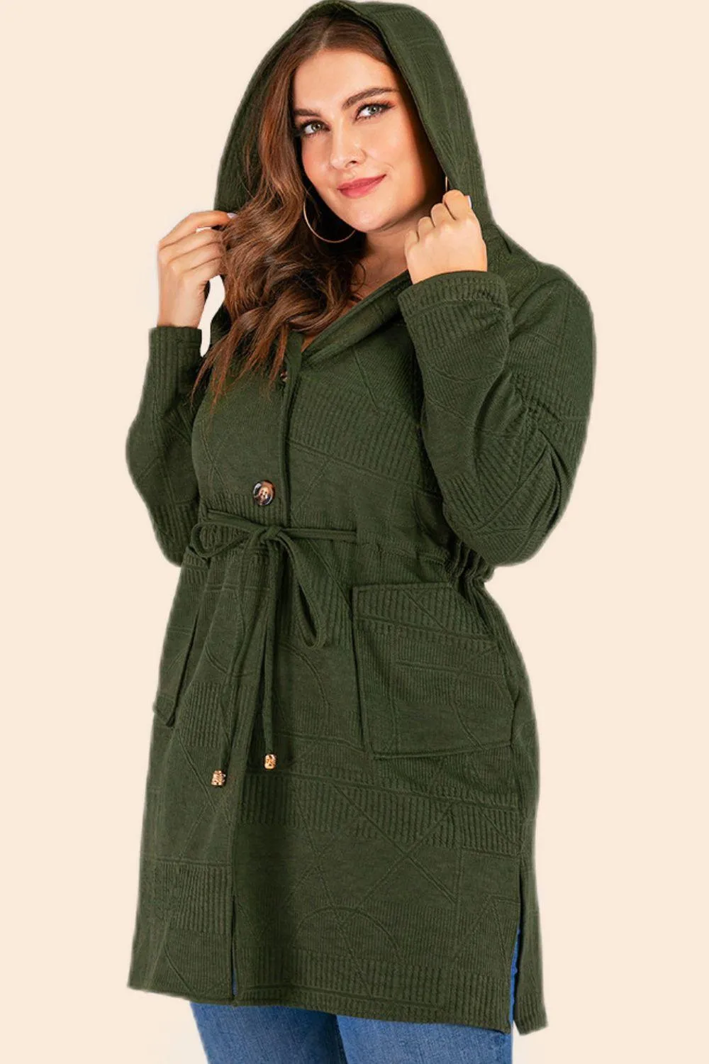 Hazel Blues® | Drawstring Waist Hooded Cardigan with Pockets