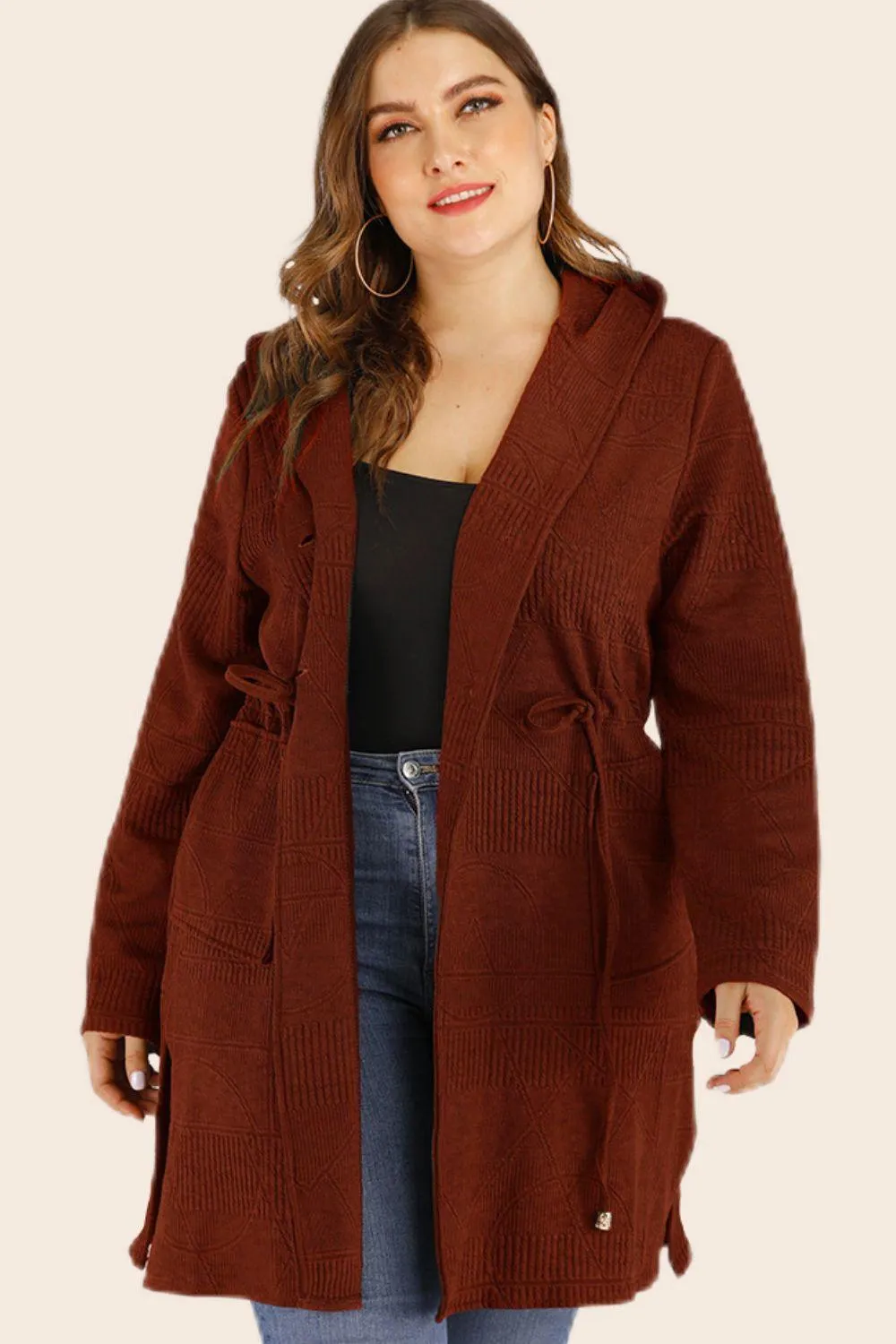 Hazel Blues® | Drawstring Waist Hooded Cardigan with Pockets