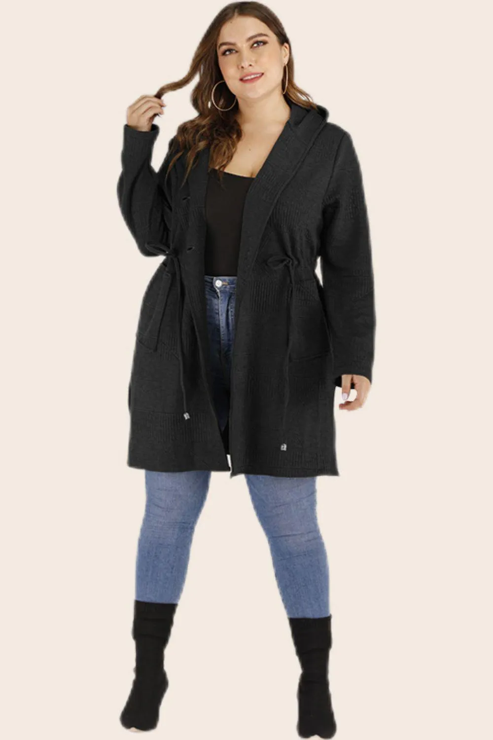 Hazel Blues® | Drawstring Waist Hooded Cardigan with Pockets