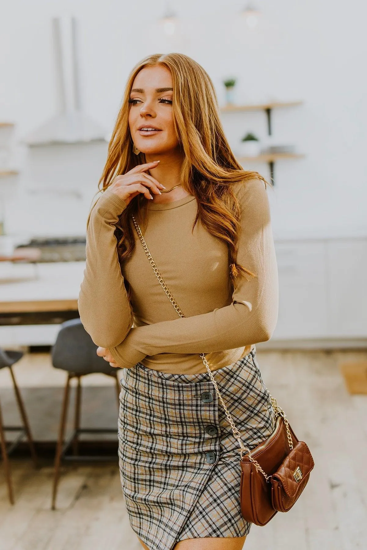 Hazel Blues® | Hold Me Tight Ribbed Long Sleeve Top In Tan